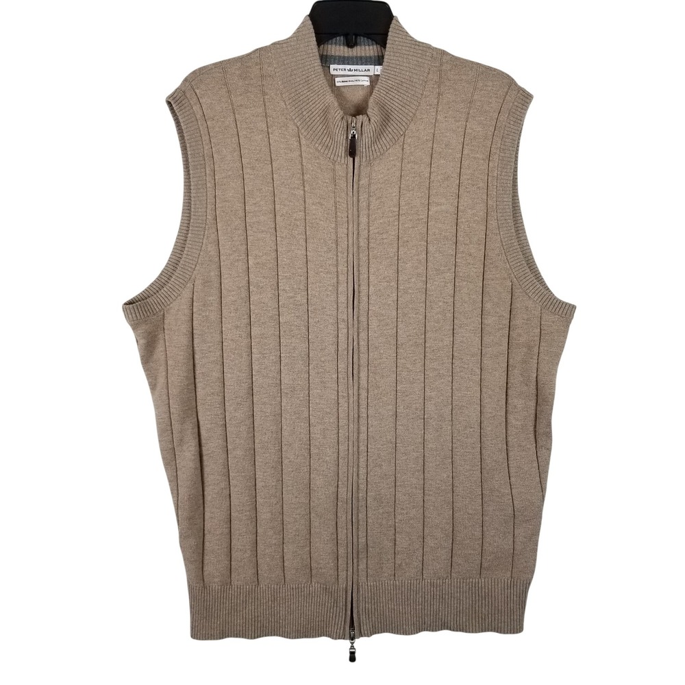 Peter‎ Millar Mens Large Tan Merino Wool Cotton Full Zip Ribbed Sweater Vest L